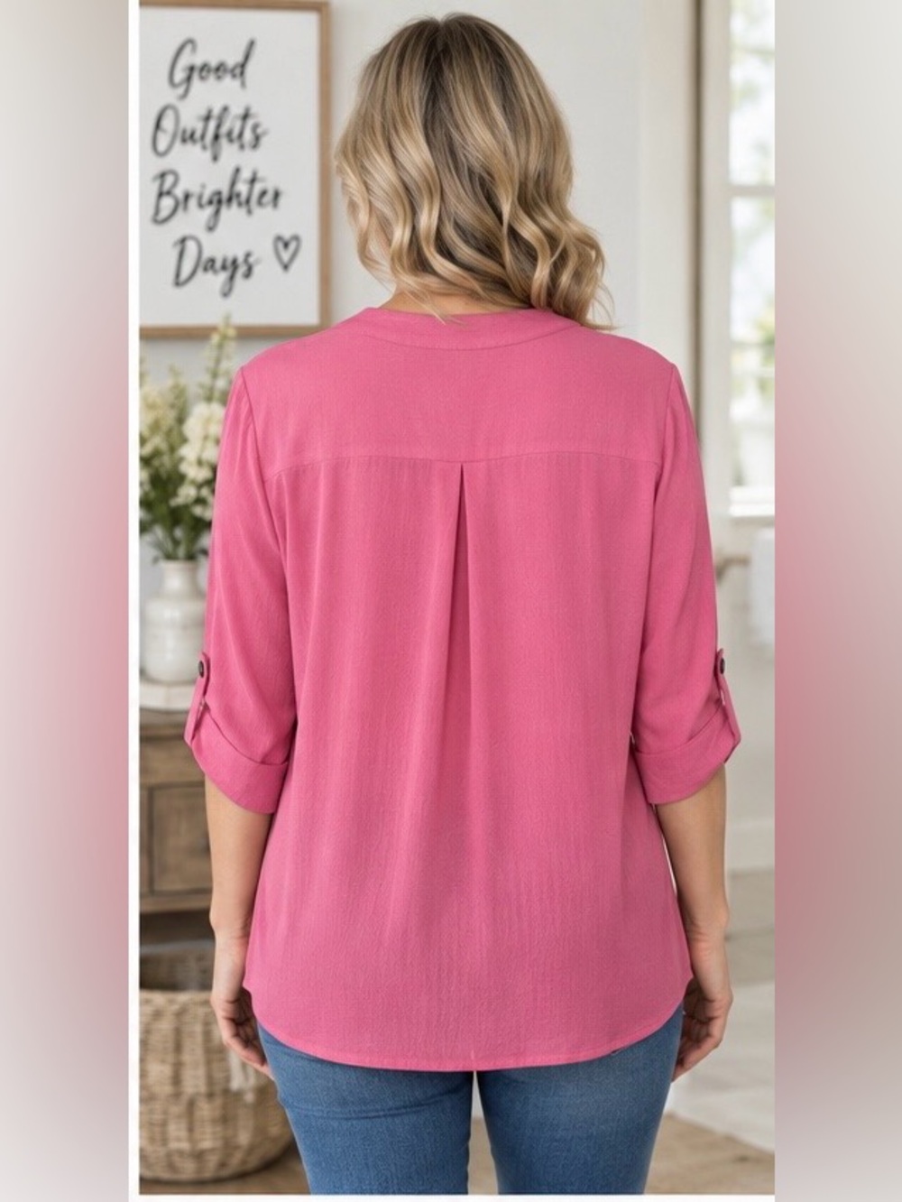 Dear Scarlett Pink Split V-Neck Roll-Tab Sleeve Tunic NWT - Picture 3 of 10
